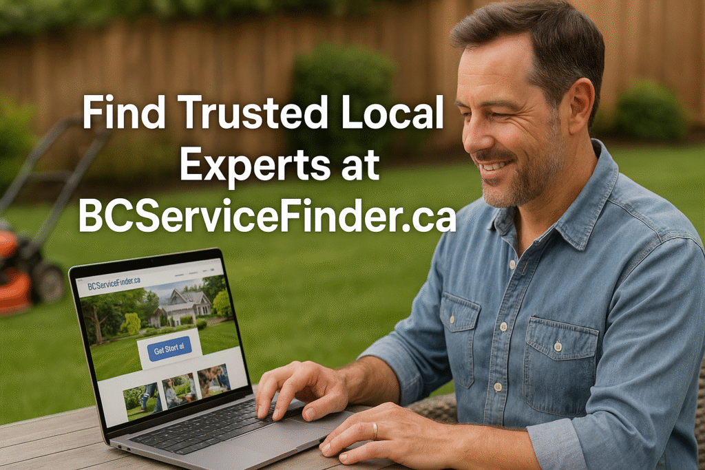 A Surrey homeowner browsing BCServiceFinder.ca on a laptop to find reliable lawn care professionals with bold call to action text