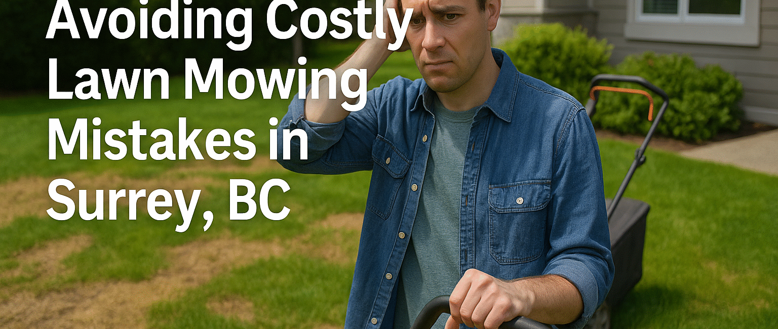 A Surrey homeowner looking concerned over brown patches and scalped areas on their lawn, with a mower in the background and bold text “Avoiding Costly Lawn Mowing Mistakes in Surrey, BC