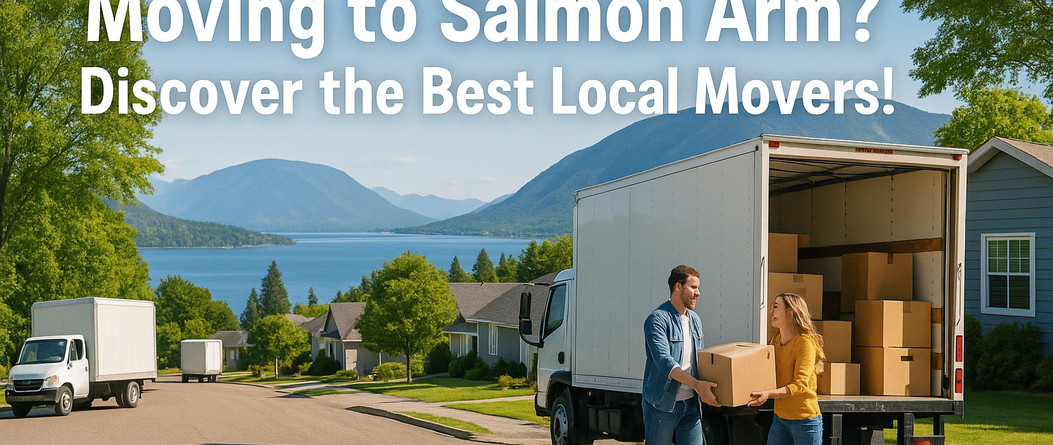 A couple unloading moving boxes from a truck in a residential Salmon Arm neighborhood with Shuswap Lake and mountains in the background.