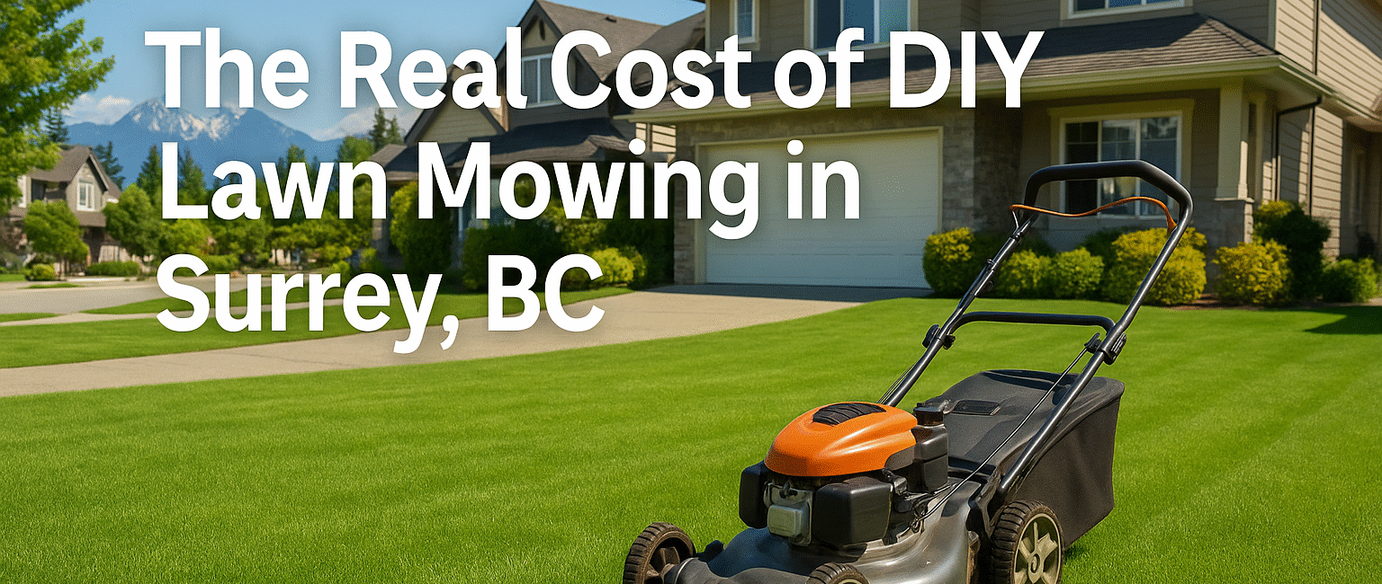 A lush green lawn in a Surrey neighborhood with a push mower in the foreground and scenic BC mountains in the background. Bold white text reads “The Real Cost of DIY Lawn Mowing in Surrey, BC.