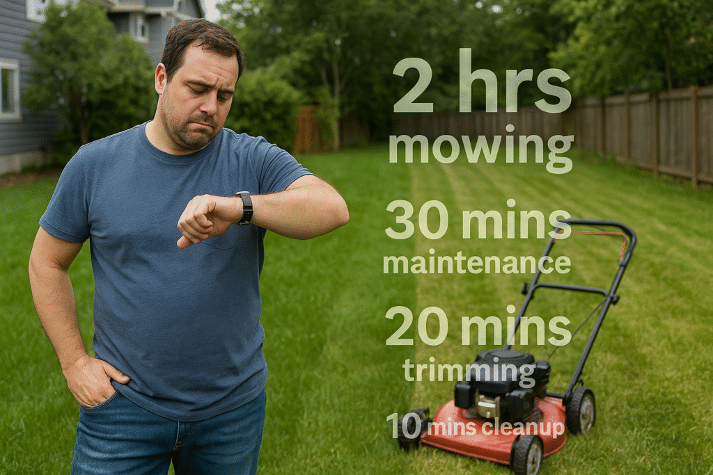 A tired homeowner checks his watch while mowing with illustrated text showing the significant time investment DIY lawn care requires