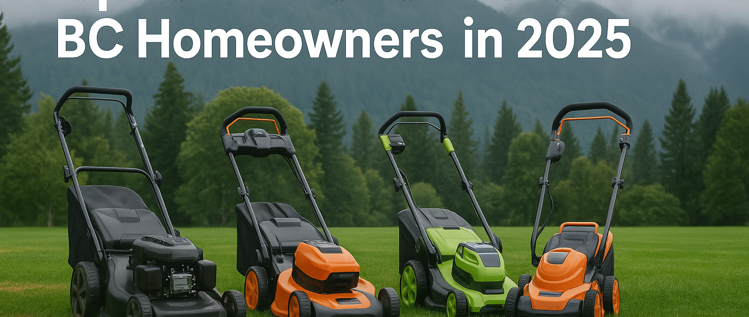 An array of modern lawn mowers displayed on a vibrant lawn with BC mountain scenery in the background. Bold overlay text reads