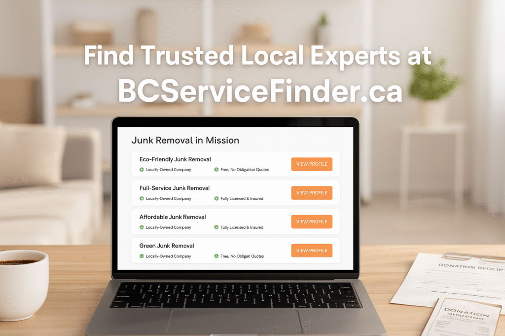 ποΈ The Complete Guide to Junk Removal & Recycling in Mission, BC (2025) 5 BCServiceFinder.ca on a laptop screen with junk removal results for Mission and a clean home scene