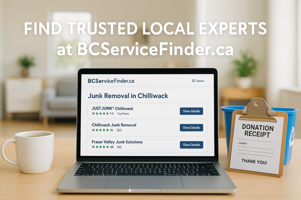 ποΈ The Complete Guide to Junk Removal & Recycling in Chilliwack, BC: Your Local Expert Resource 5 BCServiceFinder.ca open on a device showing junk removal listings in Chilliwack with a neat home office in the background
