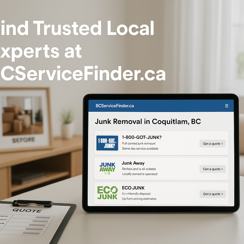 BCServiceFinder.ca open on a screen with Coquitlam junk removal providers and a tidy home in the background