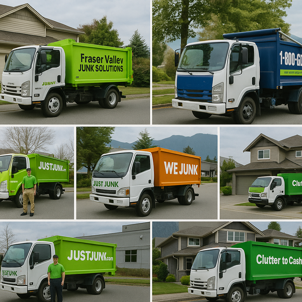 ποΈ The Complete Guide to Junk Removal & Recycling in Chilliwack, BC: Your Local Expert Resource 2 Branded junk removal trucks from top Chilliwack companies shown in various neighborhoods