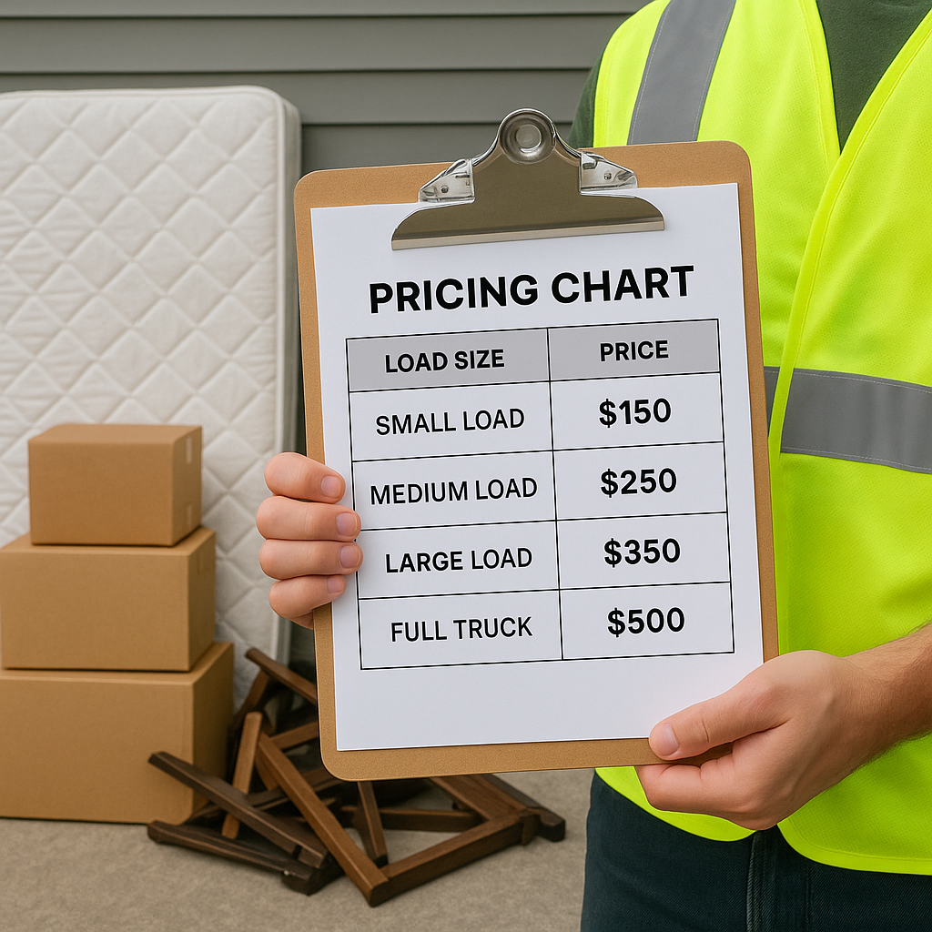 Breakdown of junk removal pricing on a clipboard with categorized pricing tiers and common junk items behind it