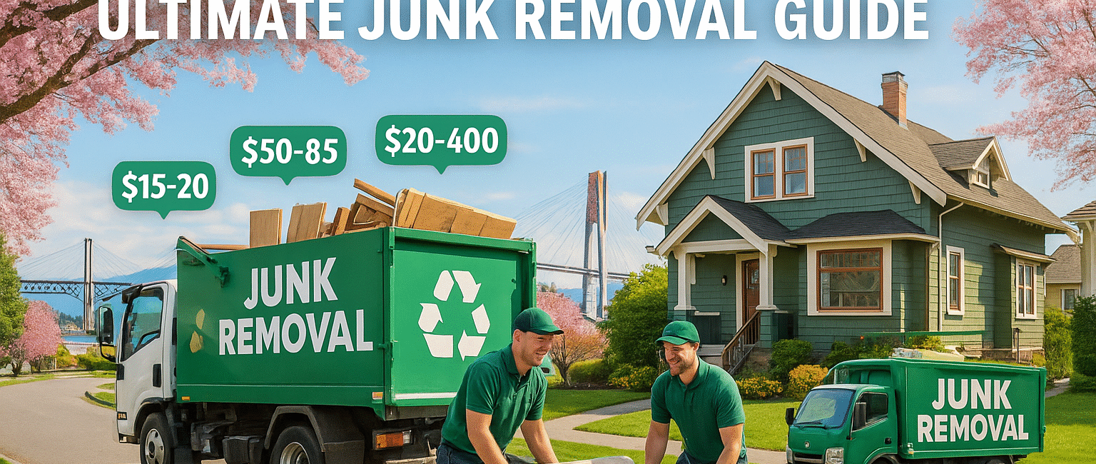 Junk removal professionals working in a New Westminster neighborhood with local landmarks in view