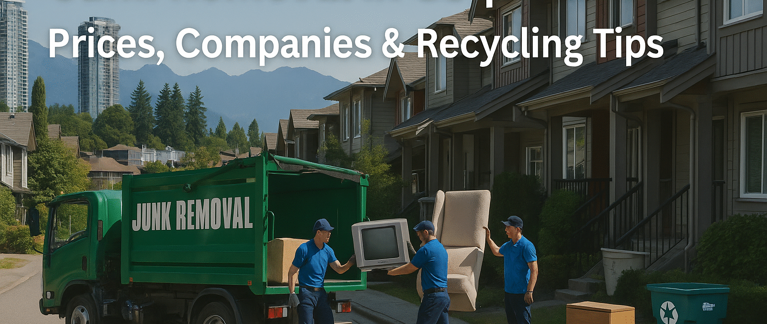 Junk removal truck and workers clearing out old furniture in a Coquitlam townhouse neighborhood with mountain views in the background