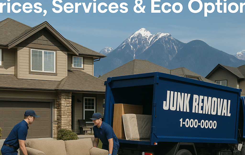 Professional junk removal team loading furniture onto a truck in a residential Chilliwack neighborhood with mountain views.