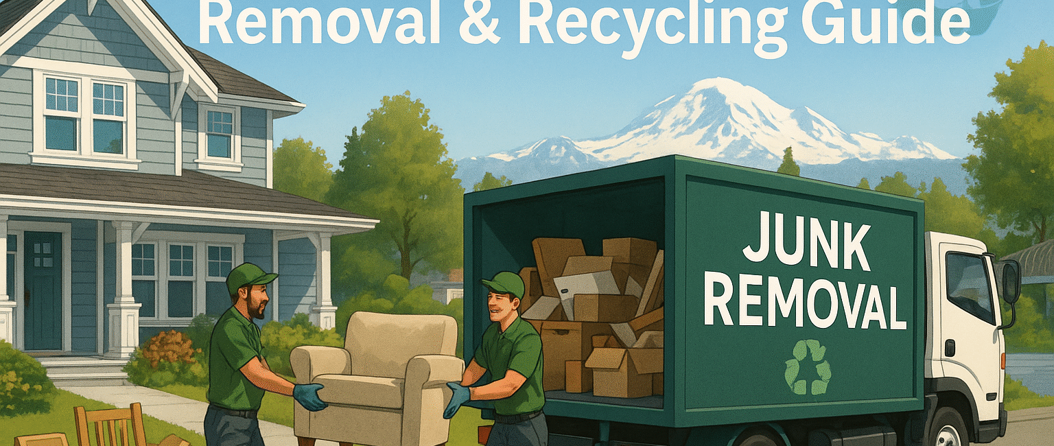 Junk removal team loading items in a Delta, BC neighborhood with scenic mountain backdrop and local home architecture.