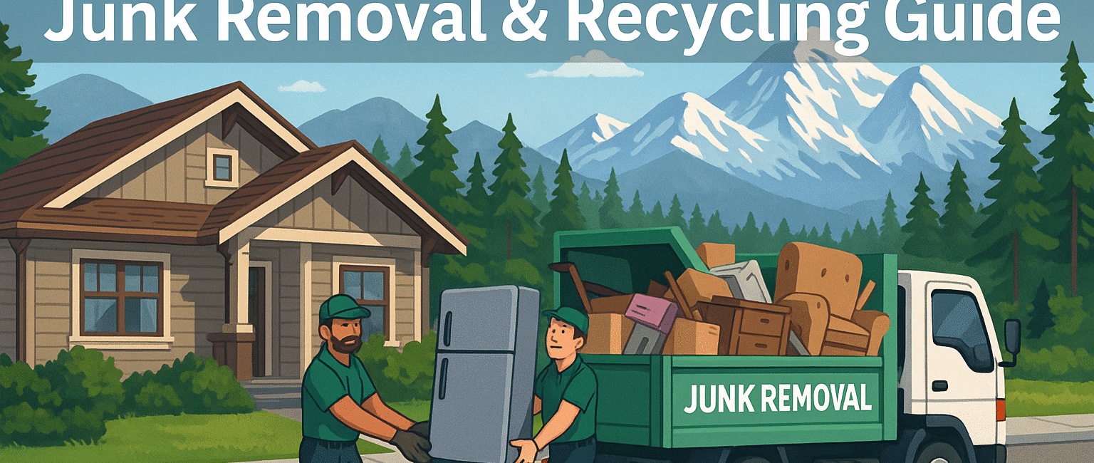 Junk removal team working outside a Cranbrook BC home with the Rocky Mountains in the distance.