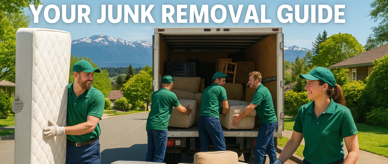 Junk removal team in Courtenay, BC loading items into a truck on a sunny day with local mountains in the background.