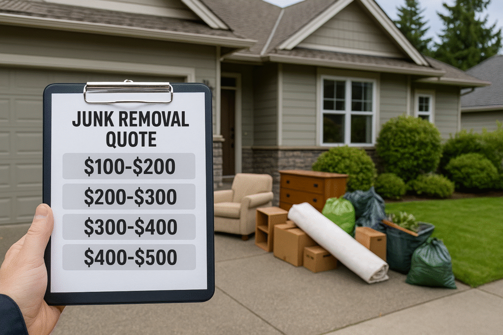 ποΈ Complete Guide to Junk Removal & Recycling in Campbell River, BC (2025) 1 Clipboard showing junk removal pricing tiers with junk items outside a Campbell River home