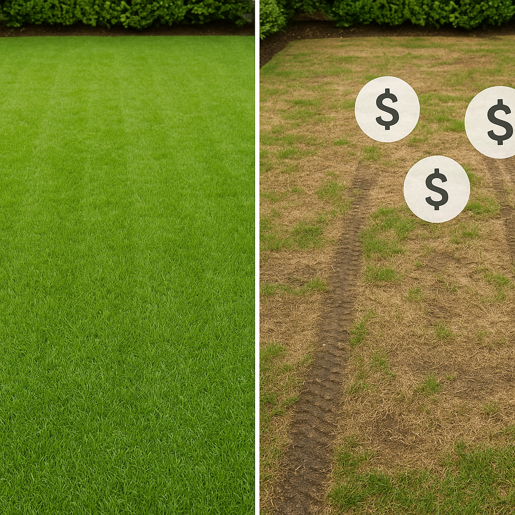 Comparison between a pristine and a damaged Surrey lawn with visible mowing damage and floating cost icons indicating potential repair