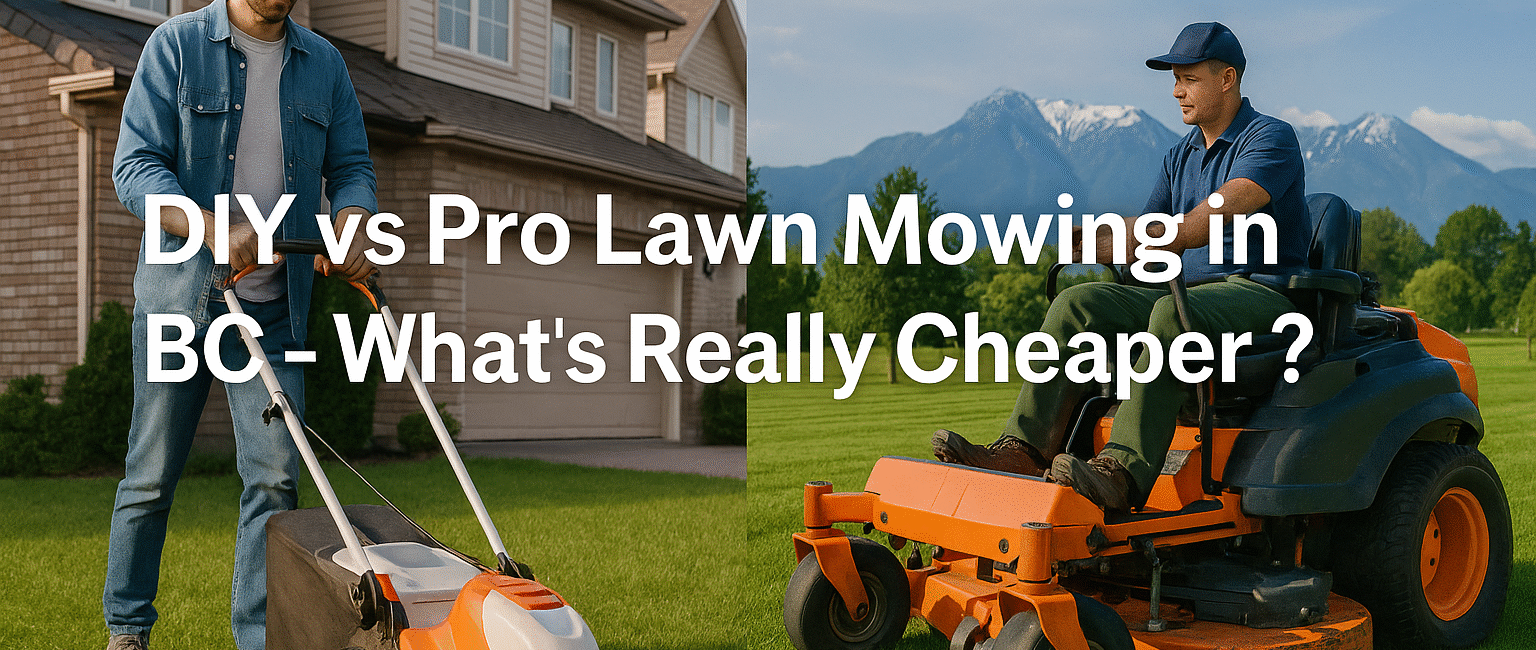 Comparison of a BC homeowner mowing a lawn and a professional landscaper on a ride-on mower, representing DIY vs pro lawn mowing costs