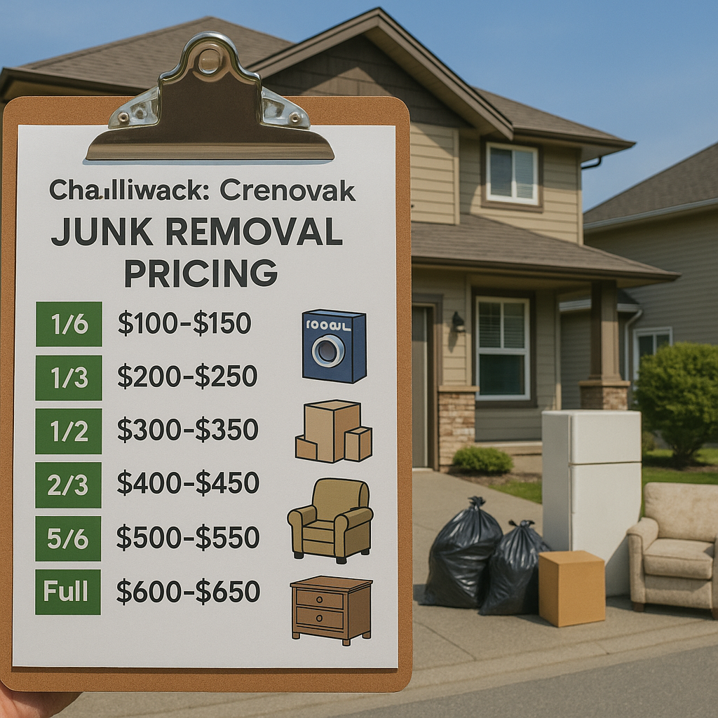 ποΈ The Complete Guide to Junk Removal & Recycling in Chilliwack, BC: Your Local Expert Resource 1 Cost breakdown board for junk removal in Chilliwack showing different load levels and example items