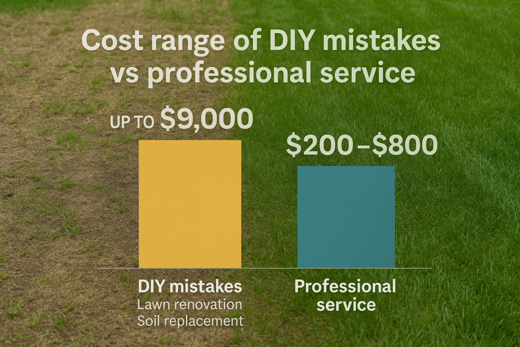 Cost comparison chart overlaid on a damaged lawn showing the escalating costs of DIY mistakes vs professional care in Surrey