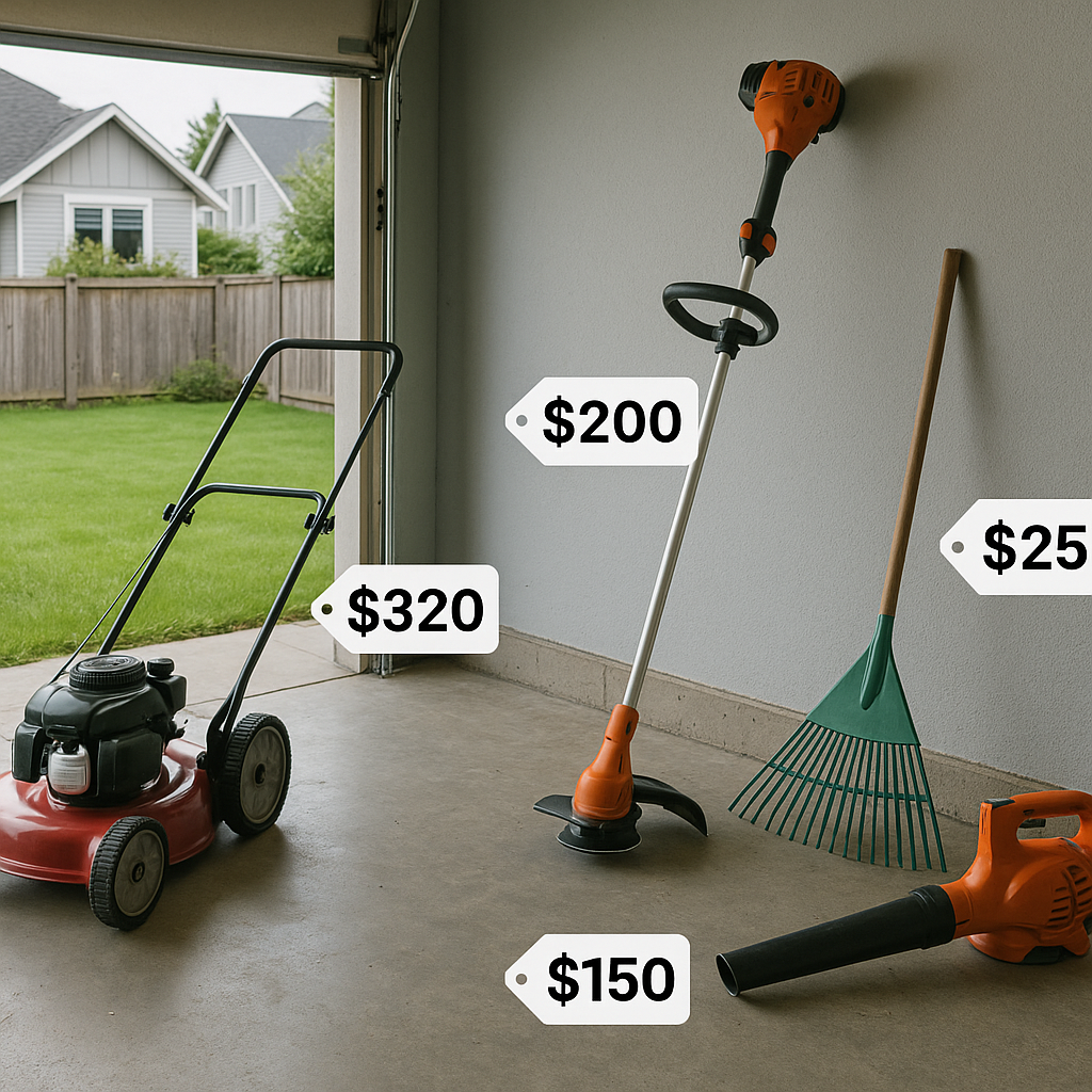 DIY lawn care setup in a BC garage with equipment and price tags representing initial investment