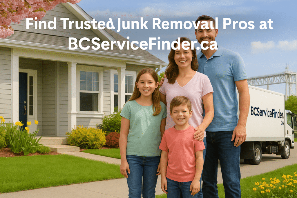 Complete Guide to Junk Removal & Recycling in Delta, BC π β»οΈ 5 Delta family with BCServiceFinder.ca truck after successful junk removal service