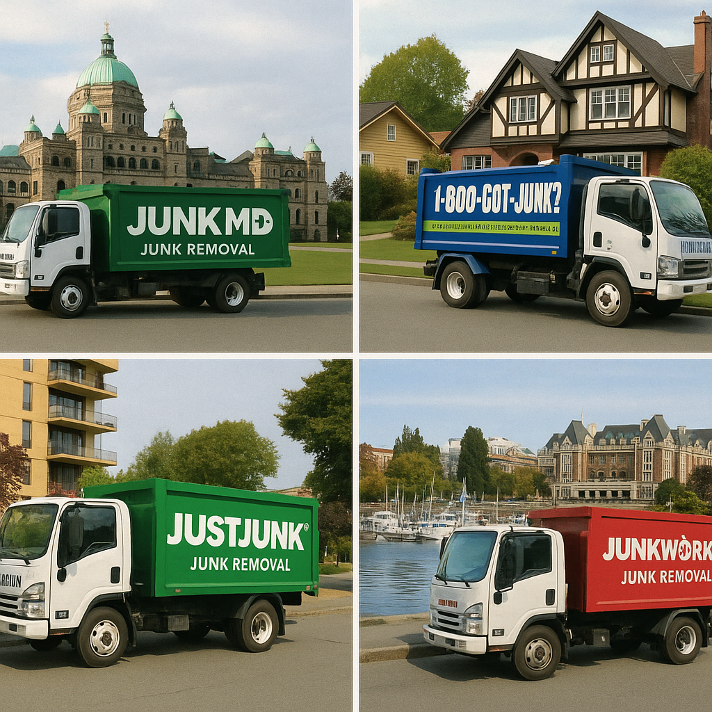 Fleet of top junk removal company vehicles operating in various Victoria neighborhoods