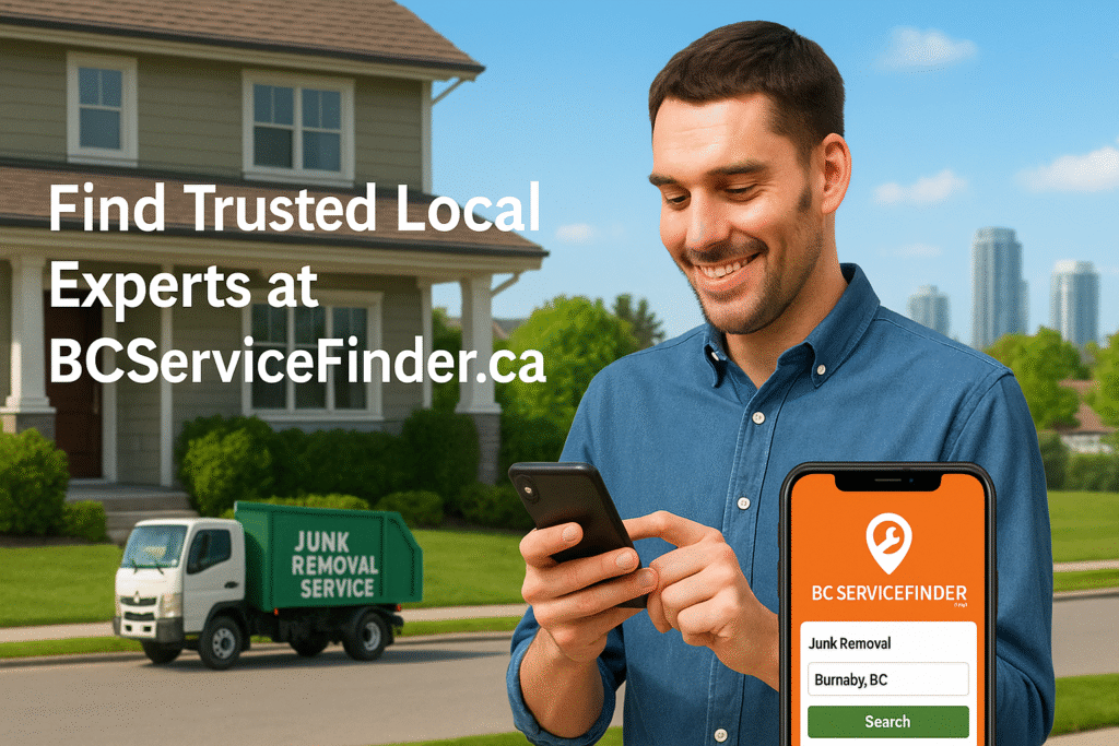 ποΈ Complete Guide to Junk Removal & Recycling in Burnaby, BC: Your Ultimate 2025 Resource 3 Homeowner booking junk removal on BCServiceFinder.ca with a junk free Burnaby yard and professional service truck in background