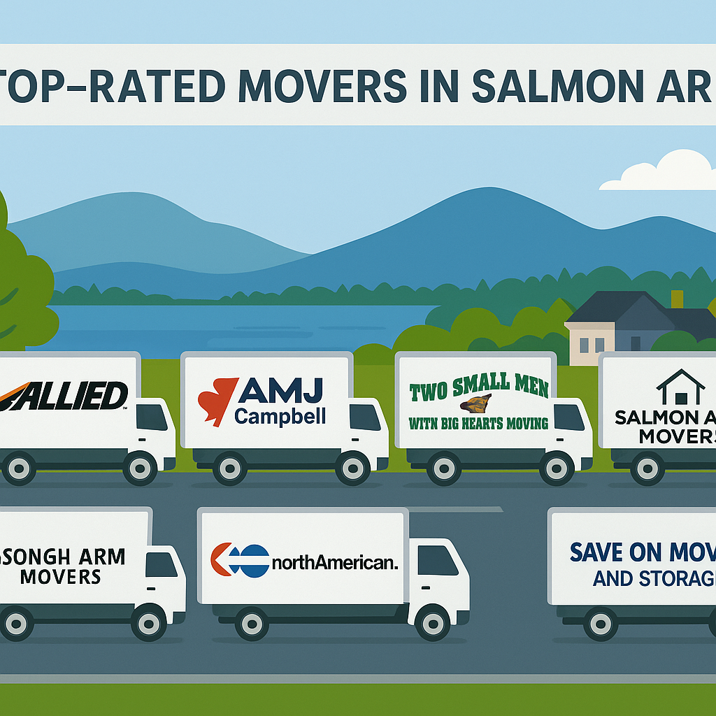 Illustrated comparison of top 7 moving companies with moving trucks and Salmon Arm cityscape in the background