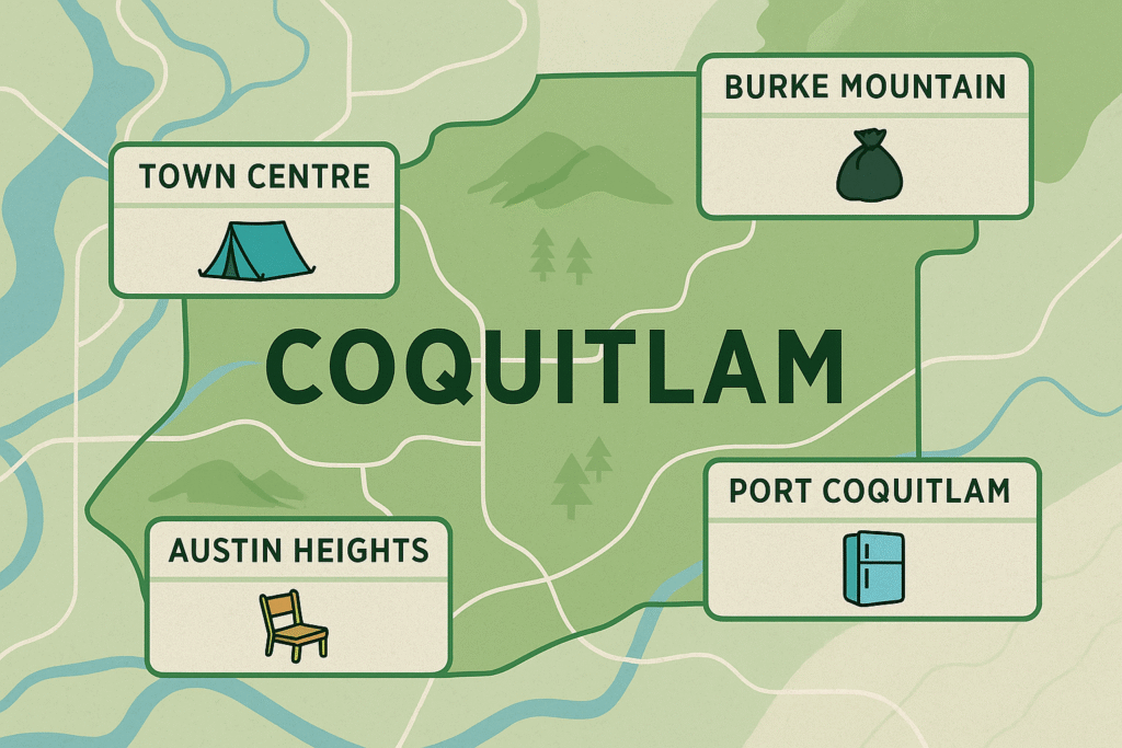 Illustrated map of Coquitlam highlighting neighborhood specific junk removal insights