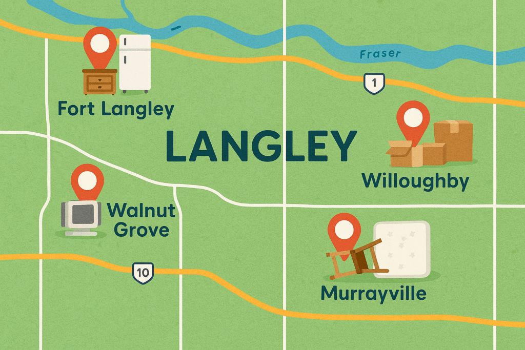 Illustrated map showing Langley neighborhoods with localized junk removal service highlights