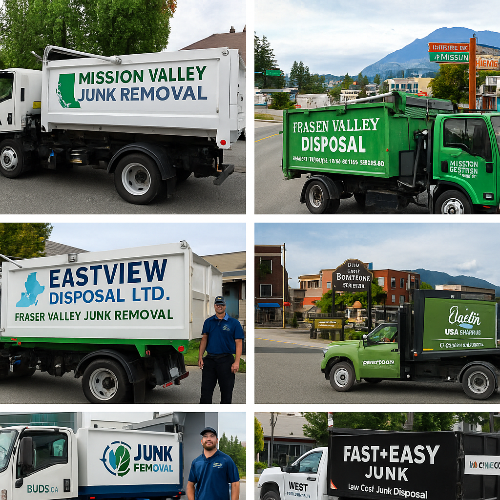ποΈ The Complete Guide to Junk Removal & Recycling in Mission, BC (2025) 2 Junk removal company trucks parked across Mission showing brand logos and service regions