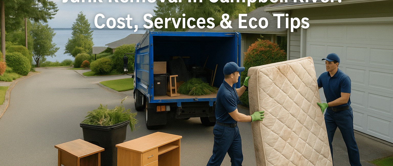 Junk removal workers loading furniture and garden waste onto a truck in a coastal Campbell River neighborhood with ocean in the background.