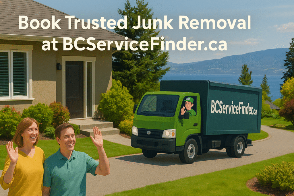 Kelowna homeowners after junk removal with BCServiceFinder.ca truck departing