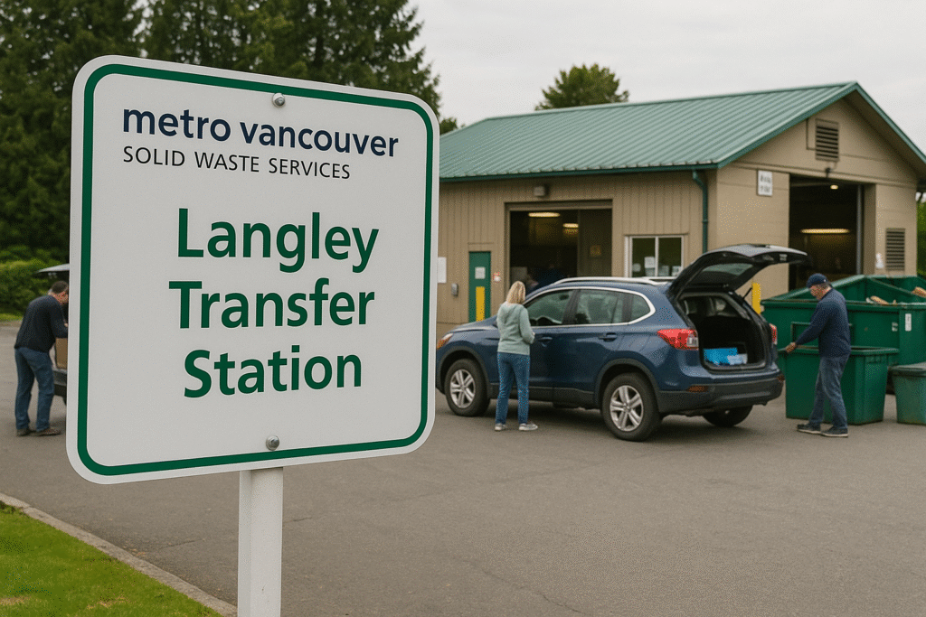 Langley Transfer Station entrance with people unloading recyclables