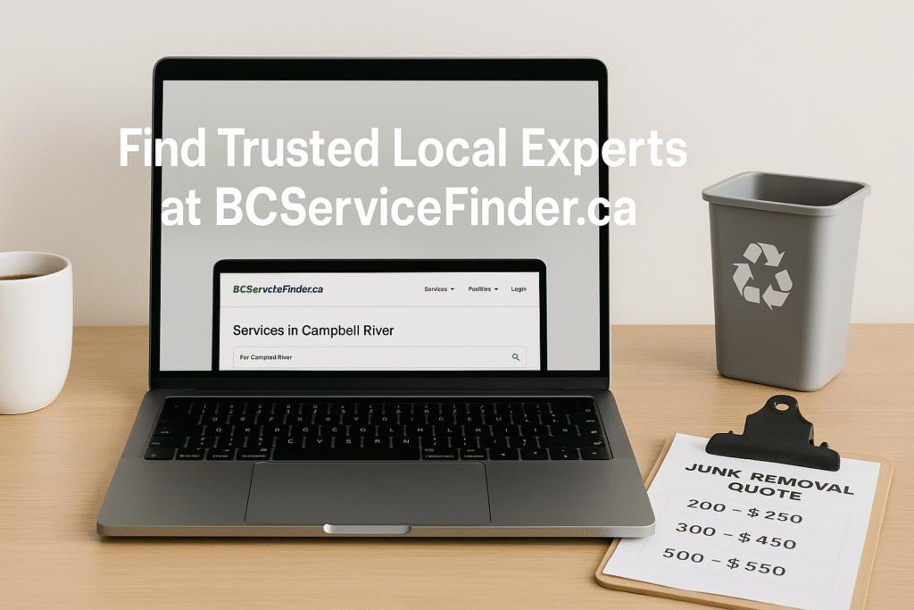 ποΈ Complete Guide to Junk Removal & Recycling in Campbell River, BC (2025) 5 Laptop displaying BCServiceFinder.ca with Campbell River services next to a clipboard and recycling bin