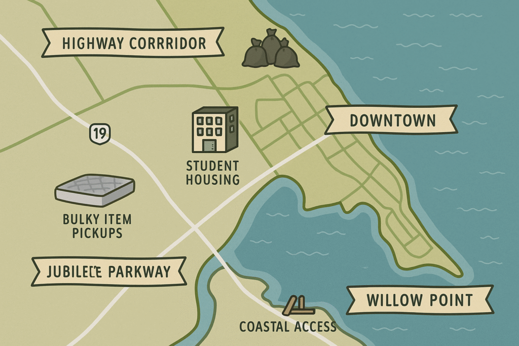 ποΈ Complete Guide to Junk Removal & Recycling in Campbell River, BC (2025) 4 Map of Campbell River neighborhoods with junk removal tips for each area