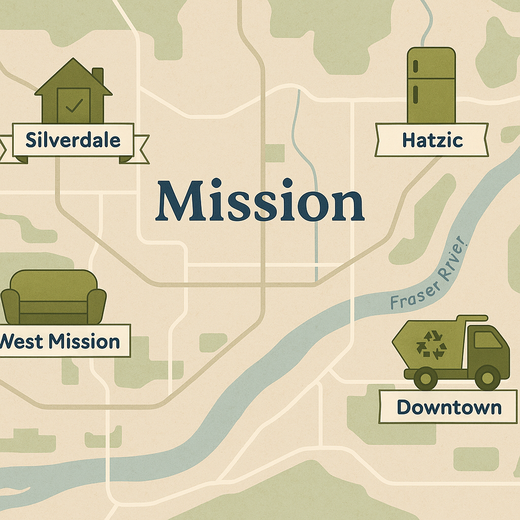 ποΈ The Complete Guide to Junk Removal & Recycling in Mission, BC (2025) 4 Map of Mission with junk removal tips and provider coverage across various neighborhoods