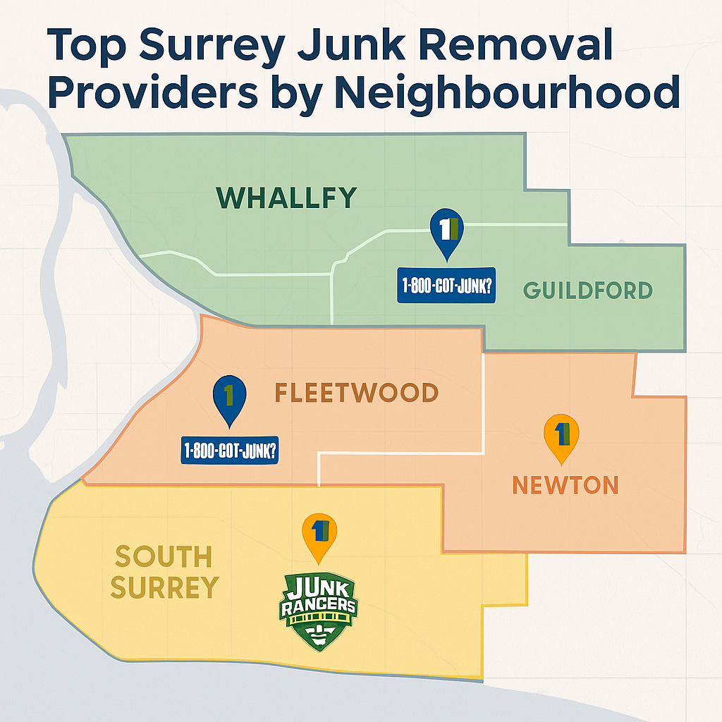 Map of Surrey showing top junk removal providers by neighborhood