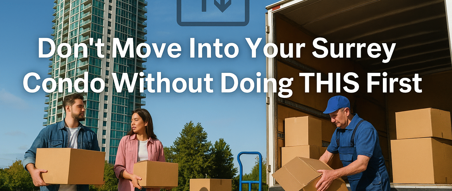 Modern condo in Surrey, BC with moving boxes and a truck in front, symbolizing a moving day and strata rules