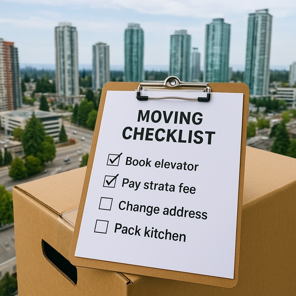 Moving checklist for Surrey condo residents with tasks marked off in front of a city skyline