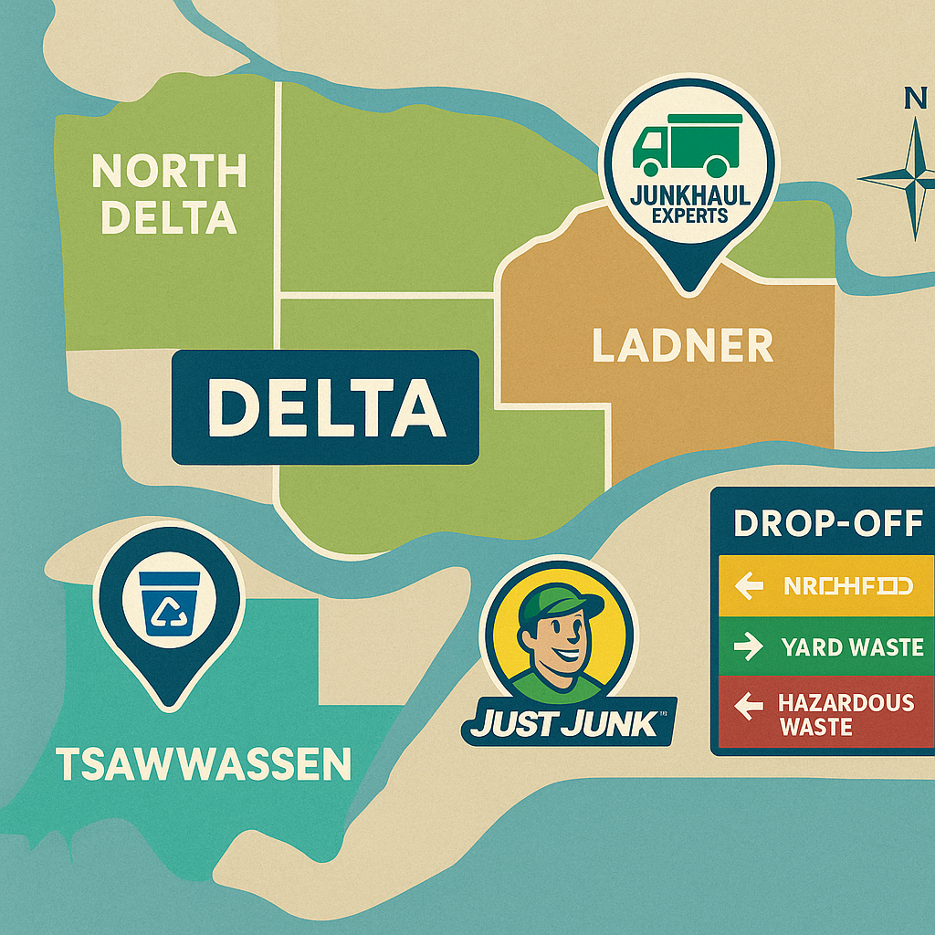Complete Guide to Junk Removal & Recycling in Delta, BC π β»οΈ 4 Neighborhood map of Delta BC showing junk removal service coverage and top providers