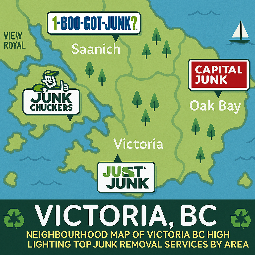 Neighborhood map of Victoria BC highlighting top junk removal services by area