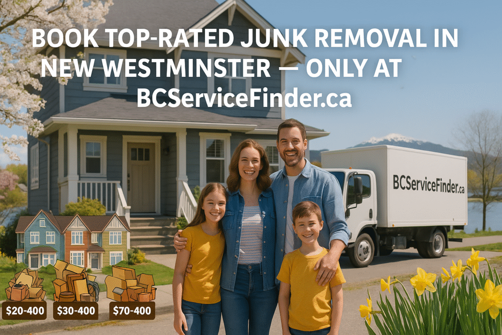 The Complete Guide to Junk Removal & Recycling in New Westminster, BC π β»οΈ 5 New Westminster family after successful junk removal using BCServiceFinder.ca with truck in background