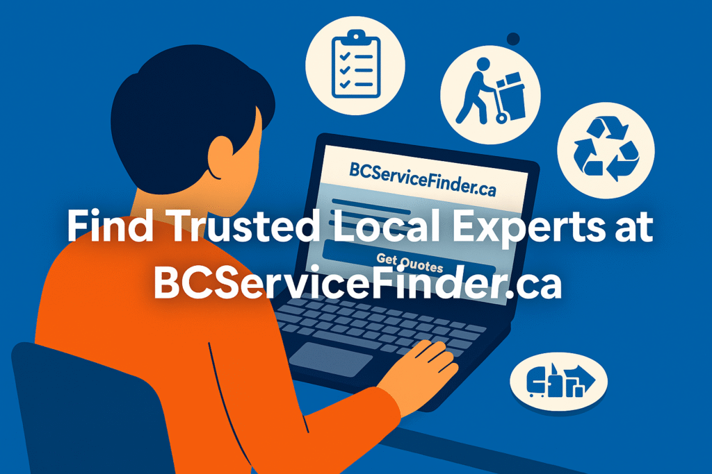 Person browsing BCServiceFinder.ca on a laptop with icons for junk removal and recycling surrounding the screen 1