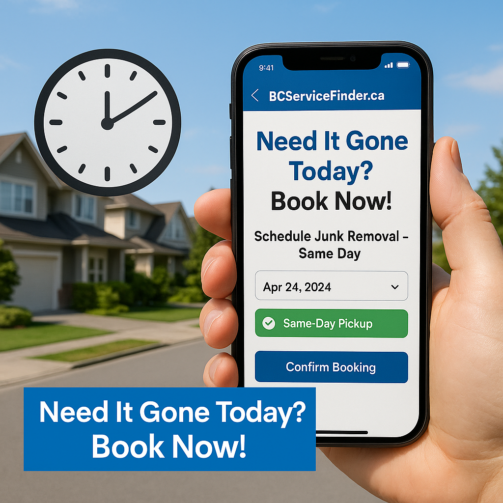 Phone screen with junk removal booking and same day service visuals
