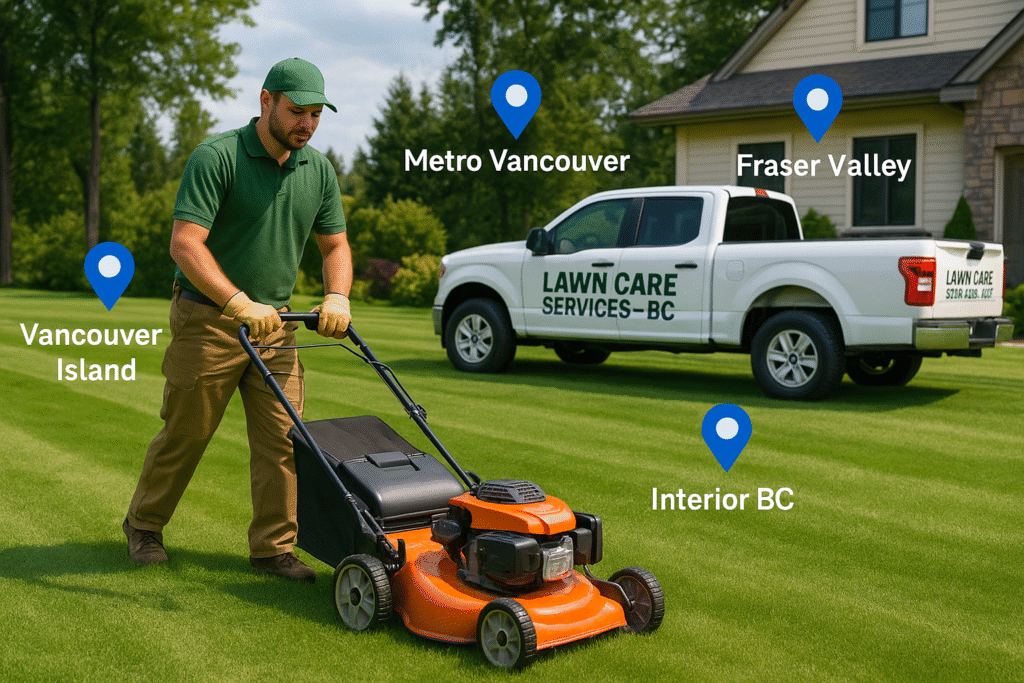 Professional mowing services in various BC regions with branded truck and equipment on a large property