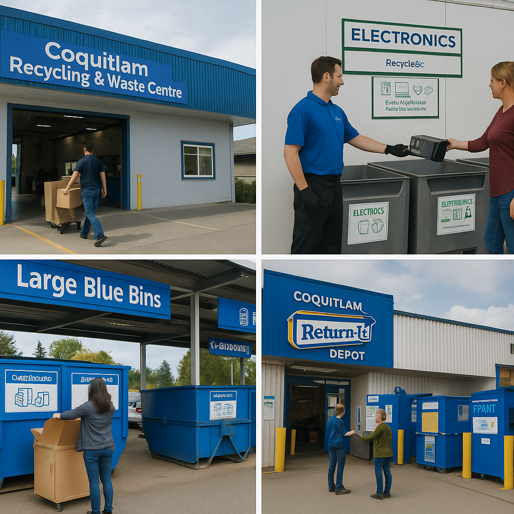 Recycling centers in Coquitlam with residents sorting and dropping off various materials