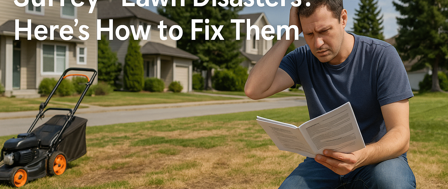 Surrey homeowner examining a damaged lawn with patchy grass and mower problems, illustrating common lawn care mistakes
