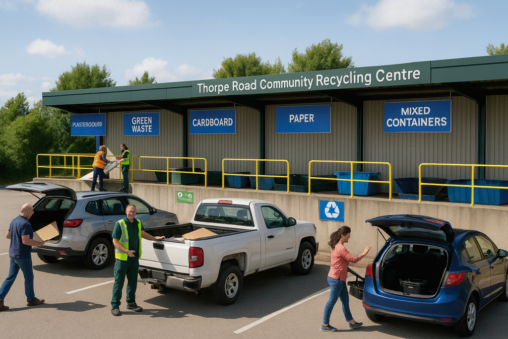 Surreys Thorpe Road Recycling Centre with people actively sorting and recycling