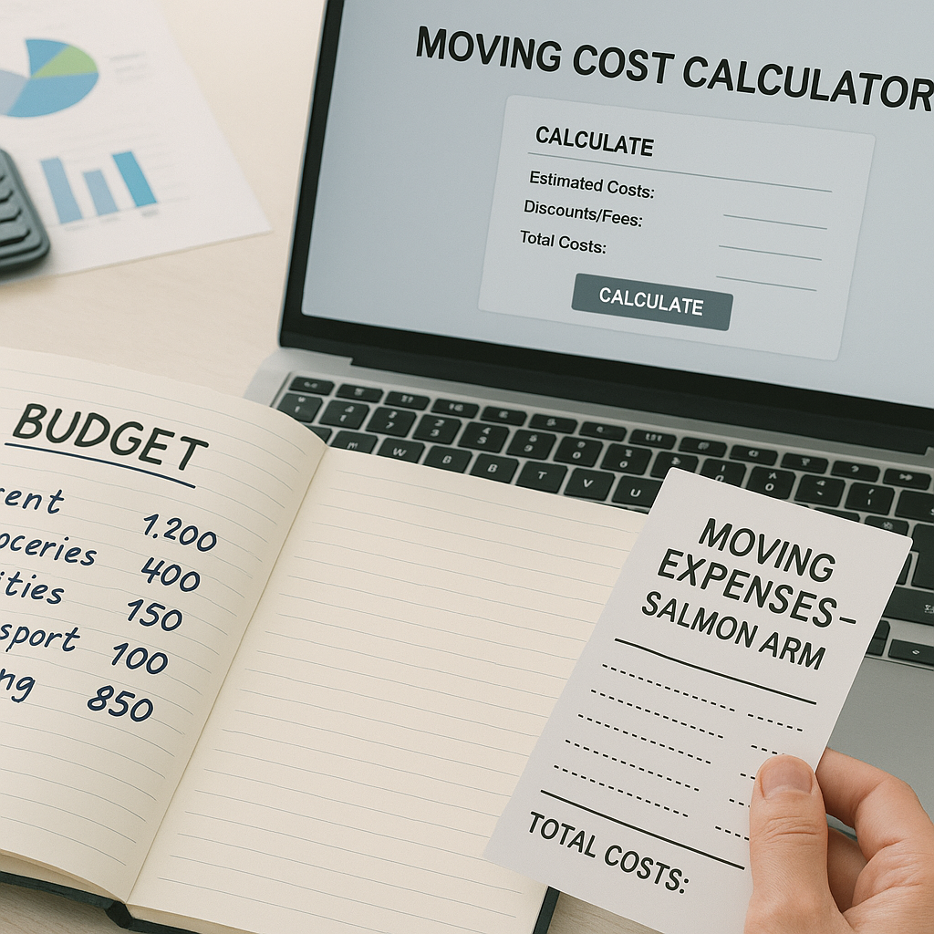 Tabletop with a moving cost calculator budget notes and a receipt for a Salmon Arm move