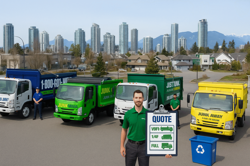 Top Coquitlam junk removal company trucks parked in a business area with city skyline behind them